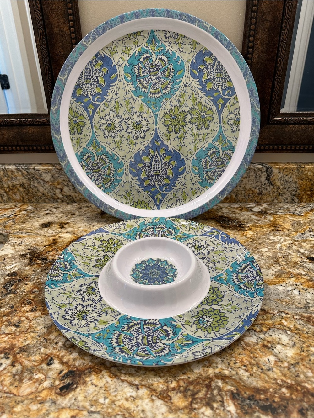 Blue & Green Decorative Melamine Serving Tray and Chip & Dip Platter